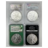4 NGC, PCGS, PCS 1 Troy Oz Silver Eagle Slabs.