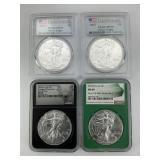 2 PCGS, 2 NGC Graded 1 Troy Oz Silver Eagle Slabs.