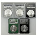 5 PCS, NGC, PCGS 1 Troy Oz Silver Eagle Slabs.