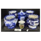 Oriental Pattern Flow Blue Transferware Pots.
