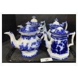 4 Flow Blue Transferware Teapots, Chocolate Pots.