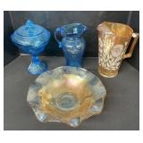 Carnival Glass Bowl, Pitchers, Candy Dish.