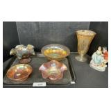 Carnival Glass Vase & Dishes, Porcelain Figurine.