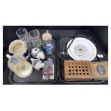 Glasses, Plates, Stoneware Pitcher, Cigar Boxes.