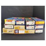 12 Model Box Cars, Stock Cars, Hoppers, Trains.