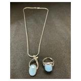 Sterling Silver & Aquamarine Ring & Necklace Set.