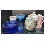Milk Glass Vase, Blue Depression Bowl, Pitcher &