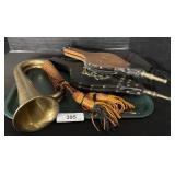 Brass Military Bugle & Fireplace Bellows.