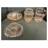 Pink Depression Glass Vase, Pitcher, Bowls.