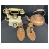 Copper Kettle, Rotary Phone, Wooden Candle Sconces