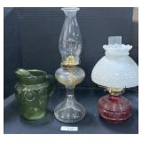 2 Hurricane Oil Lamps, Green Glass Pitcher.