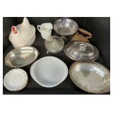 Pewter & Silverplated Serving Dishes, Milk Glass.