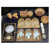 Regulator Clock, Wood Nativityï¿½s, Wicker Baskets.