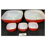 Pyrex Red Hostess Square Nesting Bowls.