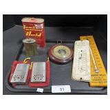 Vintage Thermometers, Advertising Tins, Lighters.