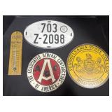 Vintage Metal Signs & Wooden Thermometer.