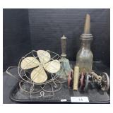 Vintage Fan, Metal Bell, Motor Oil Container.