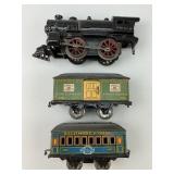 Cast Iron Wind Up Engine & Tin Litho Cars.