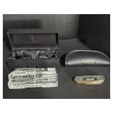 Glass Train Paperweight, Franklin Mint Knife.