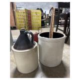 Two Toned Blue Decorated Clayware Crock & Jug.