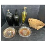 Carnival Glass, Amber Glass Oil Lamp, Bottles.