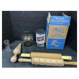 Silex Meat Chopper, Rolling Pins, Schlitz Glass.