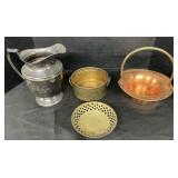 Copper & Brass Bowls, Silverplated Pitcher.