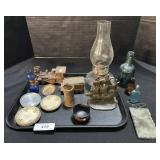 Vintage Glass Adv. Bottles, Glass Hurricane Lamps.