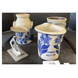 Blue Decorated Stoneware Crocks & Postal Scale.