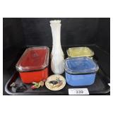 Milk Glass Vases, Becoware Containers.