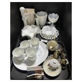 Milk Glass Vases & Decanters, Corning Ware Cups.