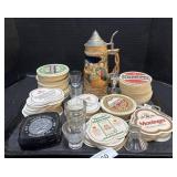 Large Lot Of Coasters, Stein, Shot Glasses.