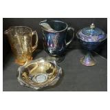 Carnival Glass Pitchers, Bowl, & Compote.