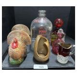 Ceramic Turkeys, Pevely Milk Jug, Decanters.