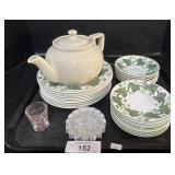 Wedgewood Ivy Plates, Teapot, Shot Glass.