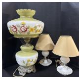 2 Milk Glass Hobnail Lamps, Floral Milk Glass
