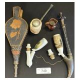 Porcelain & Carved Smoking Pipes, Antique Bellow.