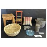 Primitive Table & Chair, Woven Basket, Tin Toy.