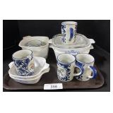 Corning Ware Dishes & Blue Decorated Mugs.