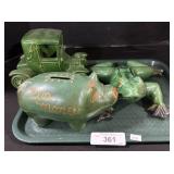 Piggy Bank, Frog Statue, Ceramic Car.