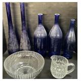 Cobalt Bottles, EAPG Glass Bowl & Pitcher.