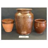 3 Vintage Redware Pottery Crocks.