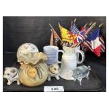 Still Banks, Mugs, Pilgrim Glass Pig, Bell.