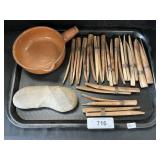 Redware Pottery Skillet, Primitive Clothes Pegs.