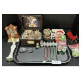 Christmas Ornaments, Nativity Music Box, Pencils.