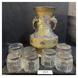 Antique Brass Japanese Vase, Small Glass Jars.