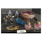 Fenton Glass Bowl, S&P Shakers, Cast Iron Figures.