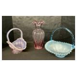 Fenton Art Glass Basket Dishes & Vase.