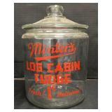 Minters Log Cabin Fudge 1 Cent Store Display Jar.