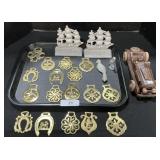 Horse Brass Medallions, Wooden Car, & Bookends.
